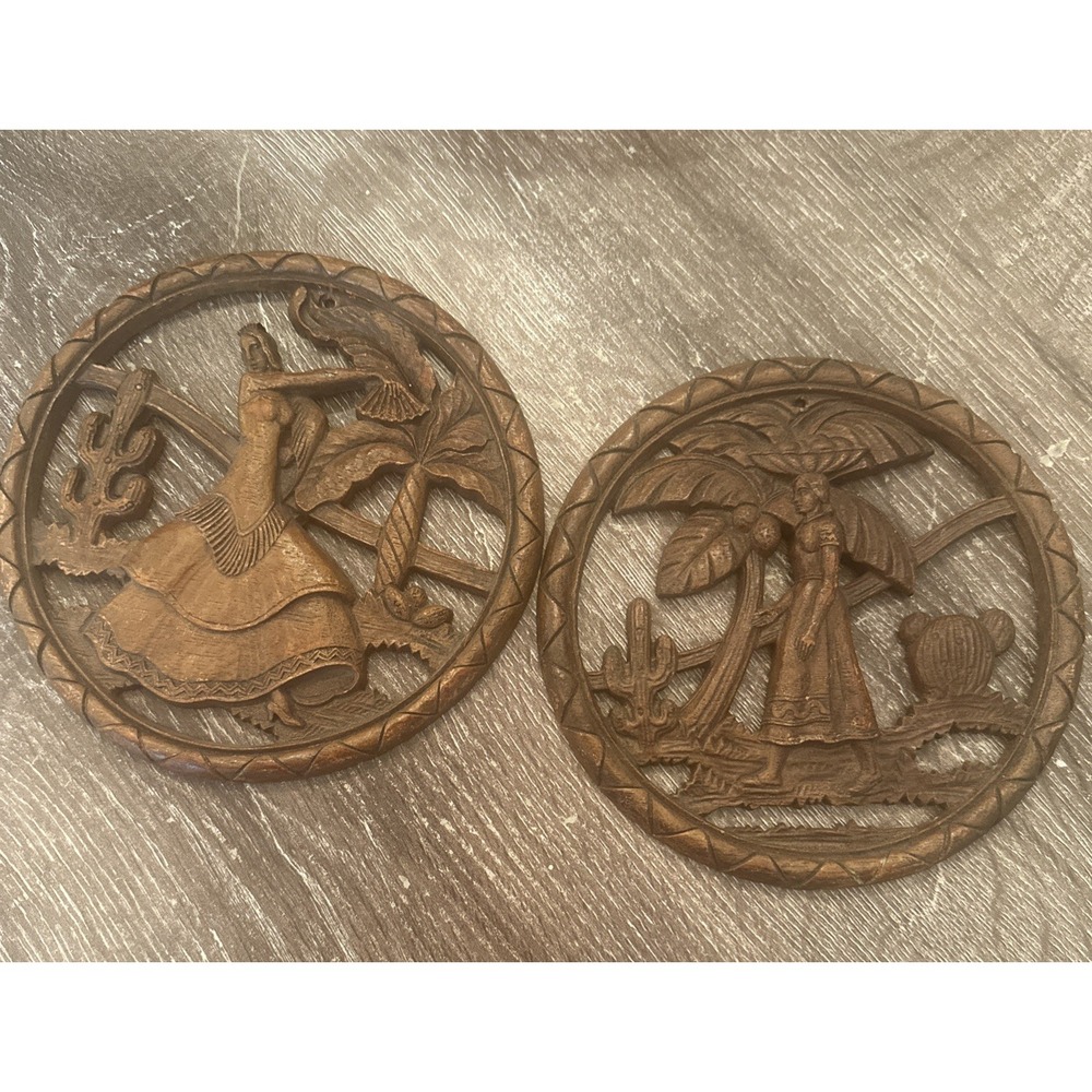 Vintage Syroco Wood set 2 Wall plaques Latin Spanish Man & woman 6"W 1950- 60's